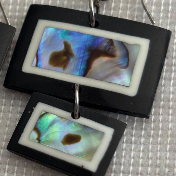 Black Geometric Dangle Earrings w/ Abalone Shell Inlay | Double Rectangle - Picture 3 of 3
